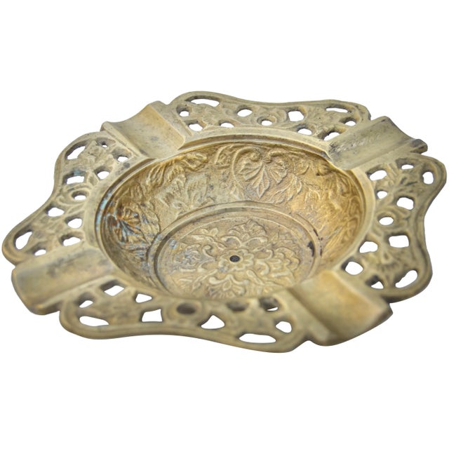 Mid-Century Modern Antique Handmade Floral-Patterned Brass Ashtray For Sale - Image 3 of 6