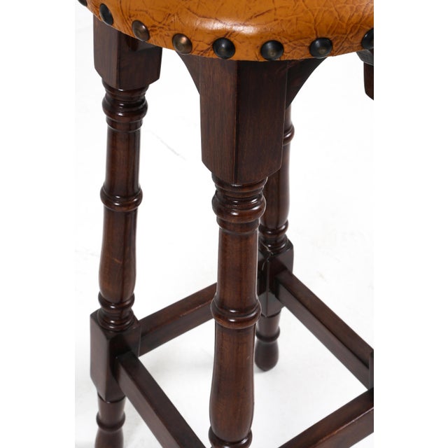 Wood Vintage Mahogany Bar Stools With Brass Nailhead Trim—Set of 3 For Sale - Image 7 of 12