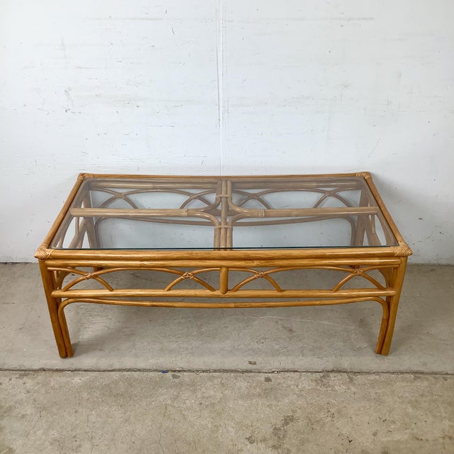 Contemporary Vintage Rattan Coffee Table — Bamboo Arch Apron For Sale - Image 3 of 18