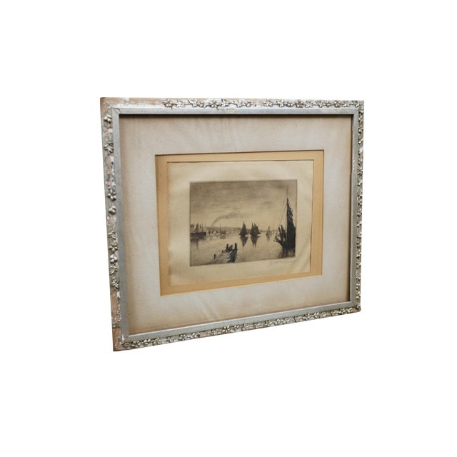 Realism Antique John Hill Millspaugh Signed Nautical Ship Harbor Seascape Etching 29" For Sale - Image 3 of 10