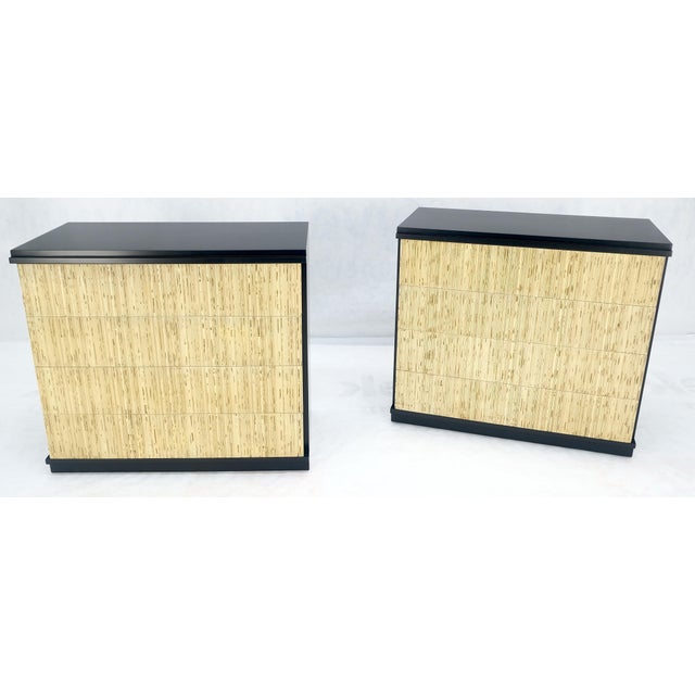 Pair Black Lacquer 4 Drawers "Linen Fold" Fronts Bachelor Chests Dressers MINT For Sale - Image 6 of 12