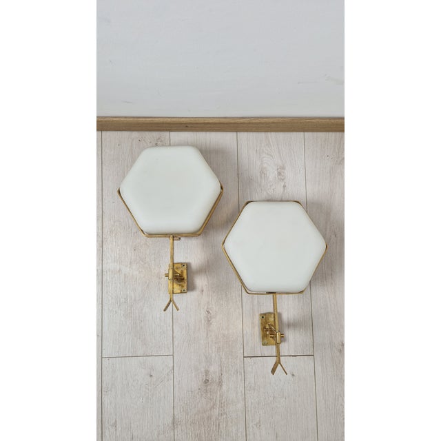 Vintage Wall Lights in Brass and Hexagonal Glass, Set of 2 For Sale - Image 4 of 13