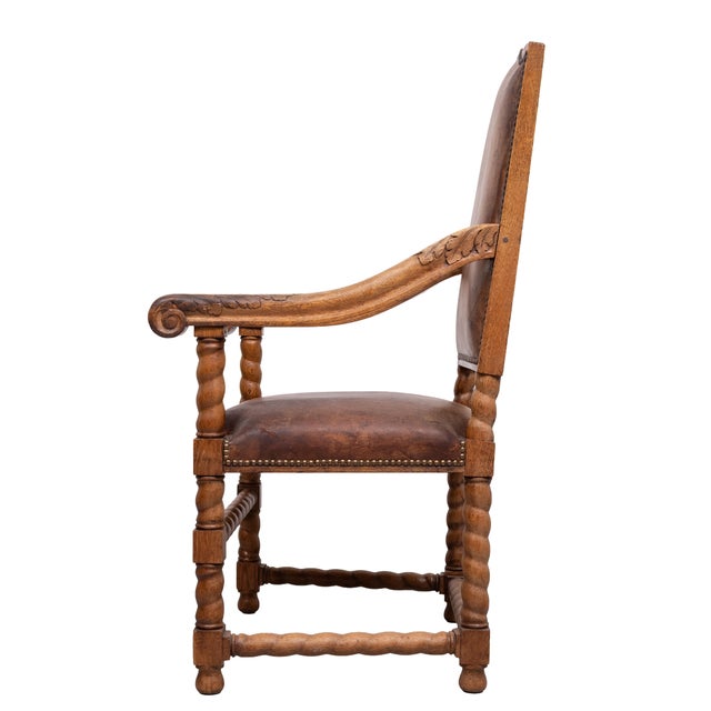 Beautiful Dutch Baroque open armchair . solid Oak . 19th Century . Hand carved Oak leaves on the armrests . Barley twist...