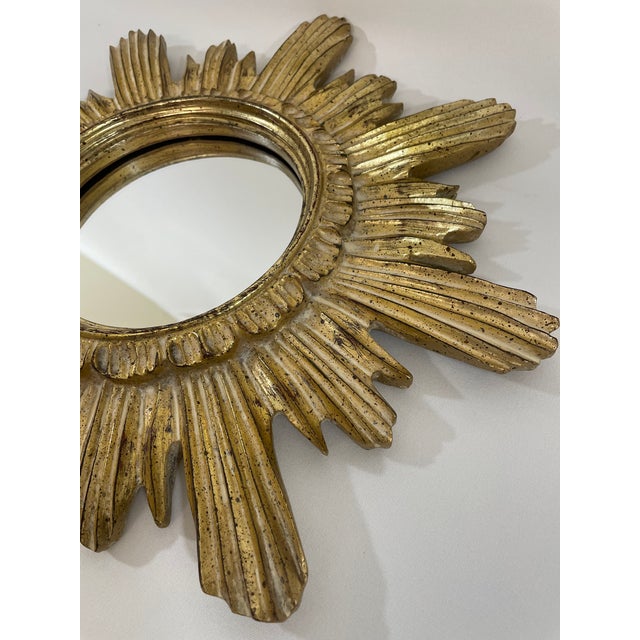 Wood Vintage 16" Gilded Sunburst Wall Mirror With Light Cream Wash For Sale - Image 7 of 15
