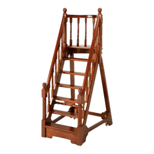 Vintage Mahogany Library Steps With Railings, Casters and Landing