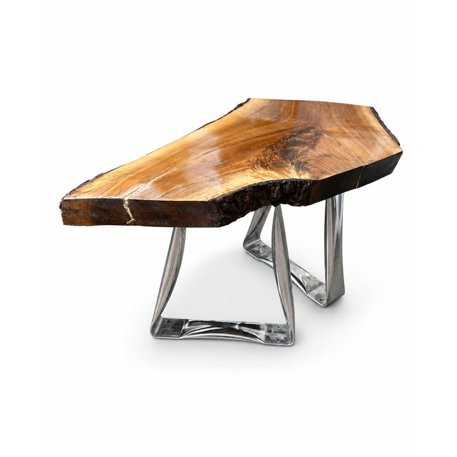 Contemporary Late 20th Century One-of-a-Kind Live Edge Burl Wood Side Table With Sculptural Chrome Legs For Sale - Image 3 of 6