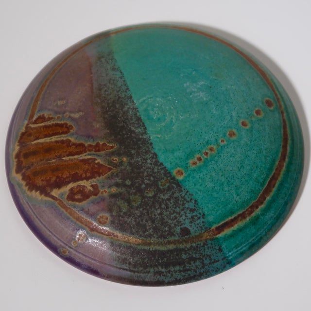 Late 20th Century Handmade Studio Pottery Abstract Emerald and Plum Swirl Glazed Stoneware Dish For Sale - Image 13 of 14