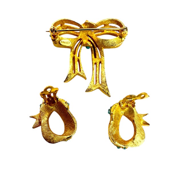 Mid-Century Modern Vintage Jewelry Set by Ballet Jewels Gold Tone Faux Turquoise Brooch Earrings - 3 Pieces For Sale - Image 3 of 8