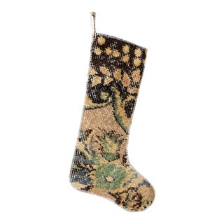 Vintage Turkish Hand-Knotted Wool Rug Christmas Stocking in Rustic Brown & Sage For Sale