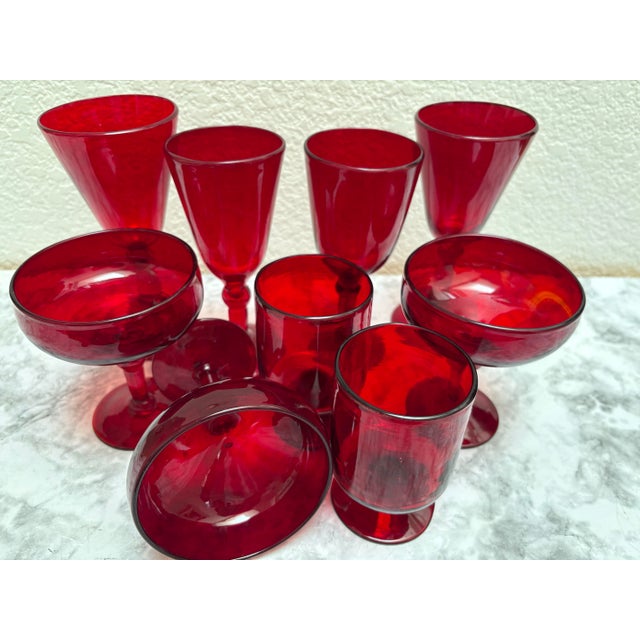 Vintage Ruby Red Set of Assorted Stemware Cocktail Glasses-Set of Nine For Sale In Sacramento - Image 6 of 10
