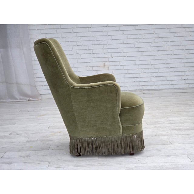 Wood Danish Highback Armchair in Green Furniture Velour, 1970s For Sale - Image 7 of 17