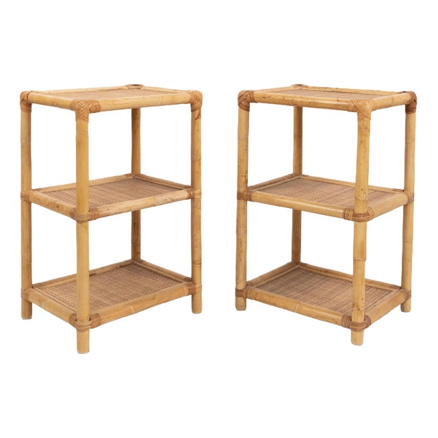 Mid-Century Modern Italian Side Tables in Bamboo with Rattan and Wicker, 1970s, Set of 2 For Sale