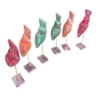 Vintage Indian Hand-Carved & Painted Wooden Parrots on Stands - Set of 6 For Sale