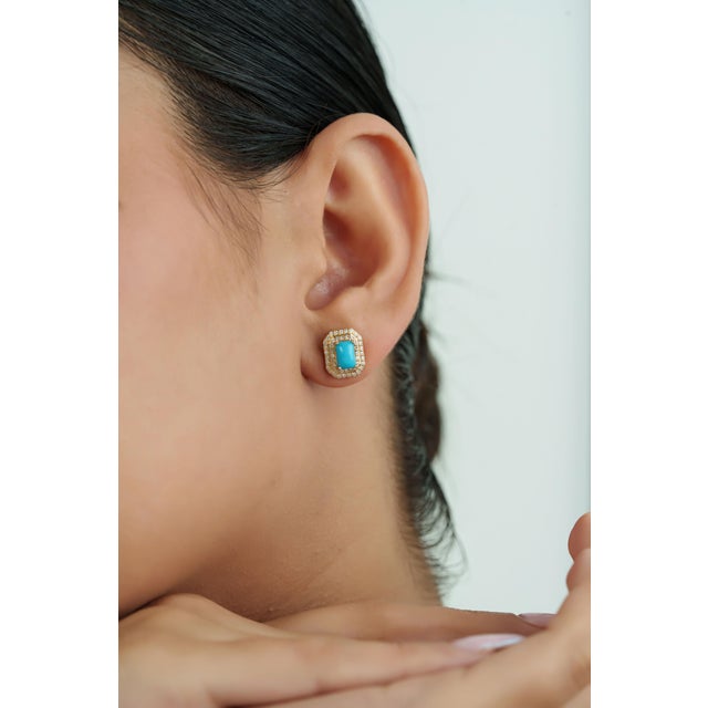 Not Yet Made - Made To Order 14k Yellow Gold 1.34ct Turquoise Cabochon Diamond Double Halo Stud Earrings- A Pair For Sale - Image 5 of 15