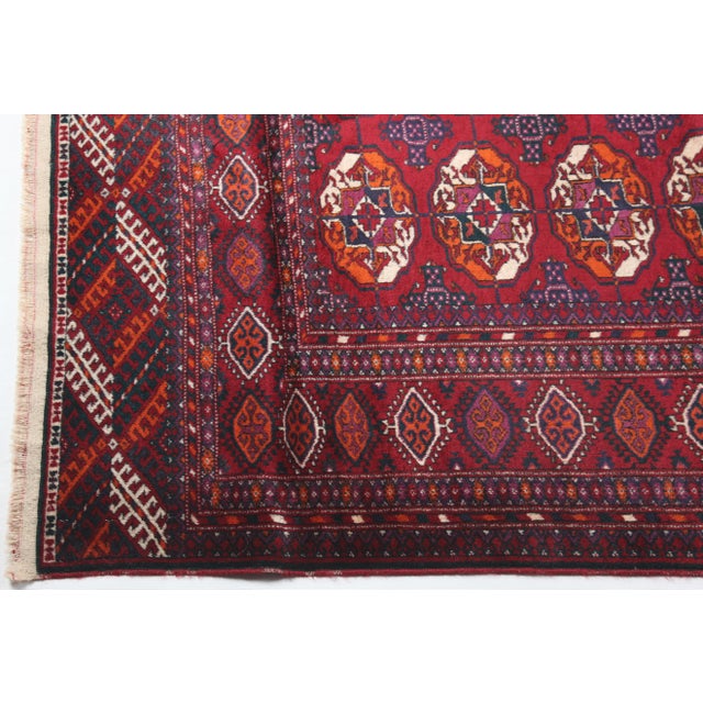 Red Mid 20th Century Tribal Turkoman Buhara Rug With Octagonal Medallions & Zigzag Borders – 4' 2'' X 10' 6''' For Sale - Image 8 of 12