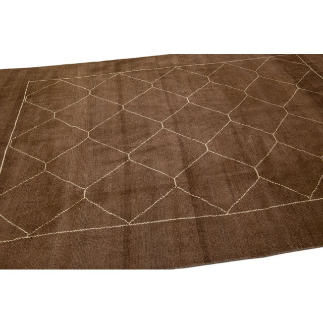 Tribal Brown Modern Moroccan Style Handmade Wool Rug With Geometric Motif For Sale - Image 3 of 8