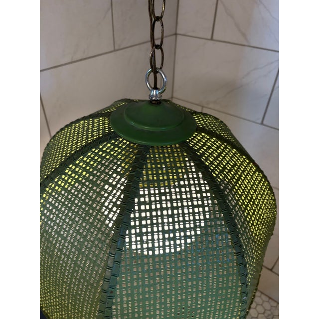 1960s-70s green woven wicker tulip style swag lamp or pendant light w/ white matte glass globe shade. Lots of chain/cord...