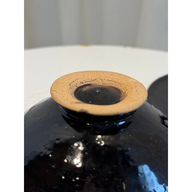 Rustic Vintage Black Glazed Ceramic Lidded Bowl With Sculptural Ring Handle For Sale - Image 3 of 3