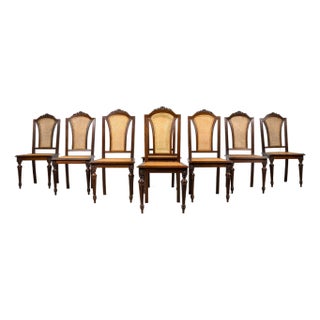 Set of Eight French Napoleon III Empire Style Mahogany Caned Dining Chairs, 19th Century For Sale