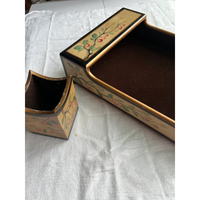 Chinoiserie Chinoiserie Black & Gold Desk Set With Cherries For Sale - Image 3 of 7