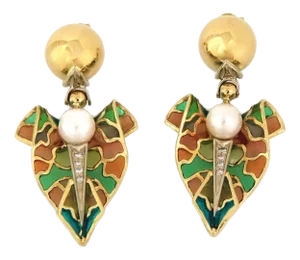 Diamonds & Pearl Plique a Jour 18k Yellow Gold Enamel Fancy Dangle Earrings - 2 Pieces
