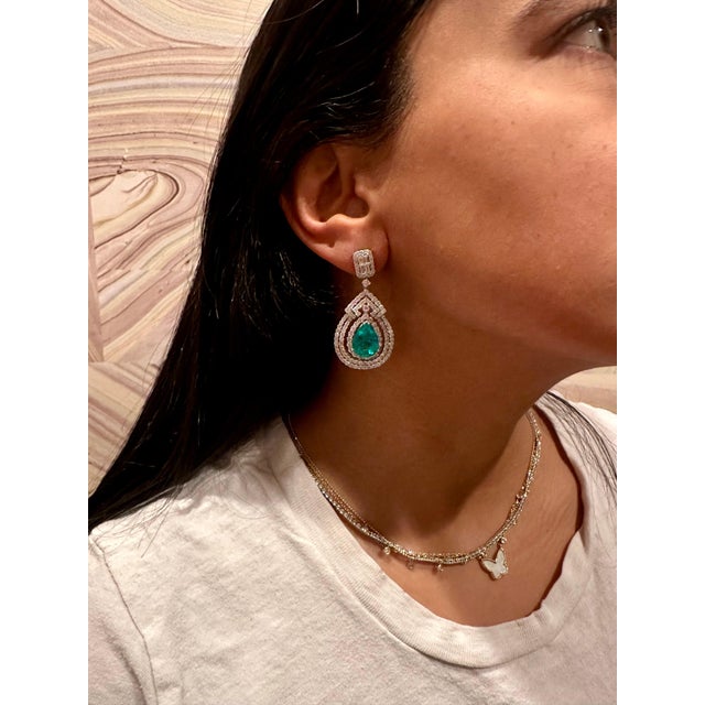 GIA Certified 8Ct Colombian Pear Emerald Diamond Hanging/ Drop Earrings 18K Gold Approximately 8Ct Colombian Pear Shape...
