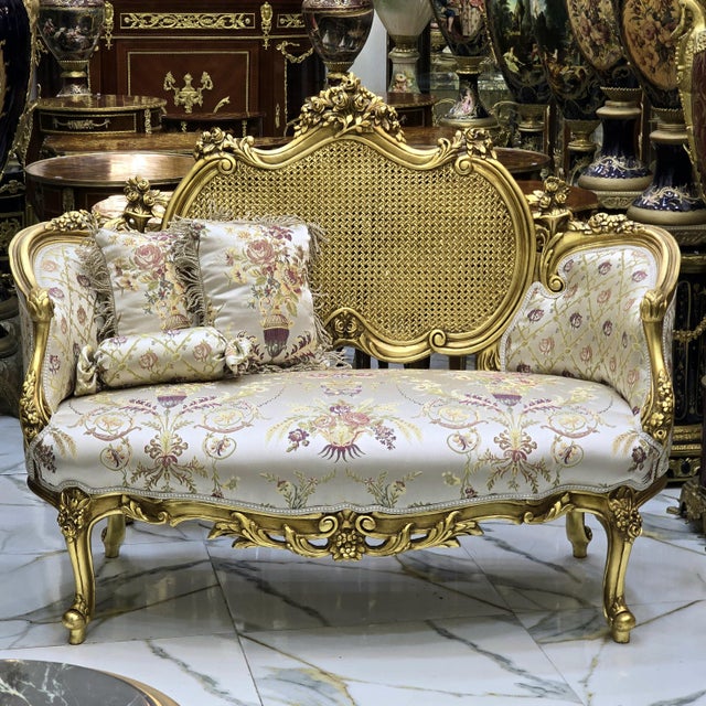 2010s French Style Sofa Settee With Beige White Patterned Fabric For Sale - Image 5 of 8