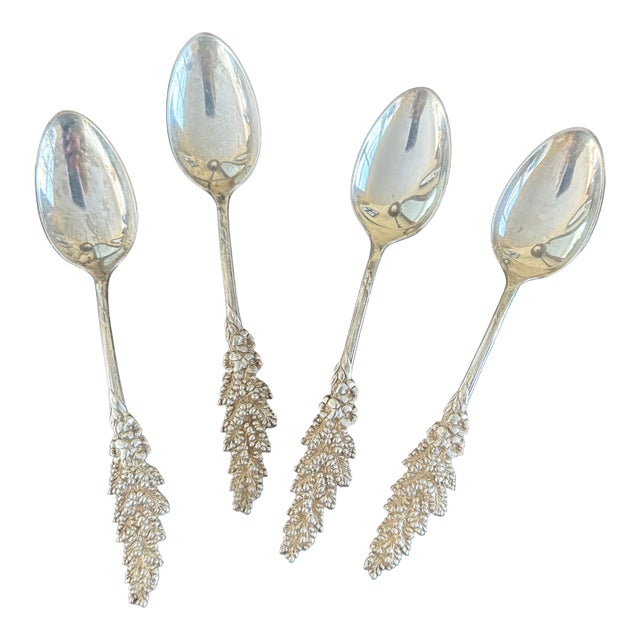 Set of 4 Antique Sterling Silver Grape Vine Teaspoons – Ornate Repoussé Grape & Leaf Handles – Hallmarked Sterling For Sale
