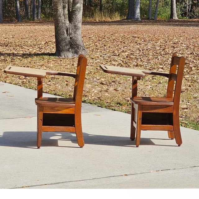 Antique Oak School Desk, Chair W/ Attached Desktop & Storage Compartment Underneath, Set of 2 For Sale - Image 4 of 6