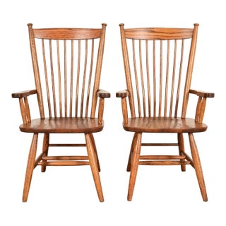 Stickley Style American Colonial Solid Oak Spindle Back Windsor Armchairs, Pair For Sale