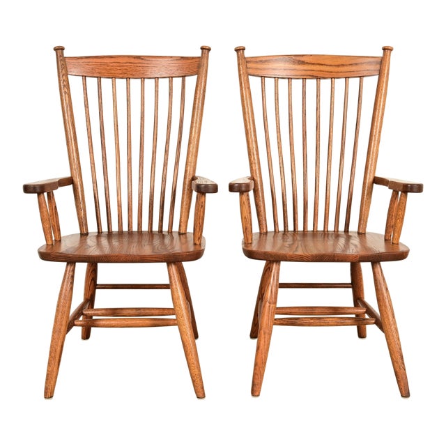 Stickley Style American Colonial Solid Oak Spindle Back Windsor Armchairs, Pair For Sale