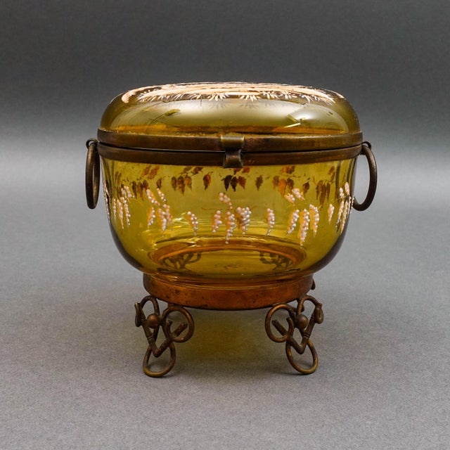 Moser Glassworks Bohemian Moser Enamel Amber Art Glass Dresser Trinket Jewlery Casket Box For Sale - Image 4 of 8