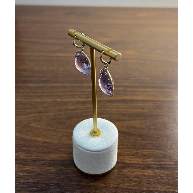 Violet Pink Amethyst Diamonds Halo Set 14k Yellow Gold Drop Unique Earrings, A Pair For Sale - Image 4 of 13