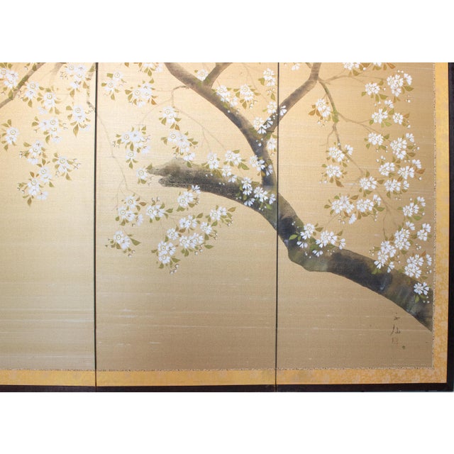 1950-1960s Shōwa Era Japanese Painted Silk Byobu Screen "Blossoming Sakura" For Sale - Image 11 of 18