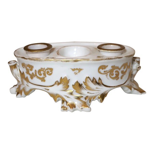 Antique 19th Century Hand Painted Gold Gilded Porcelain Writing Stand Inkwell For Sale