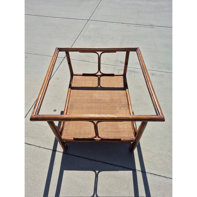 Mid 19th Century Mid-Century Italian-Style Bamboo Coffee Table With Smoked Glass Top and a Lower Rattan Shelf. For Sale - Image 5 of 5