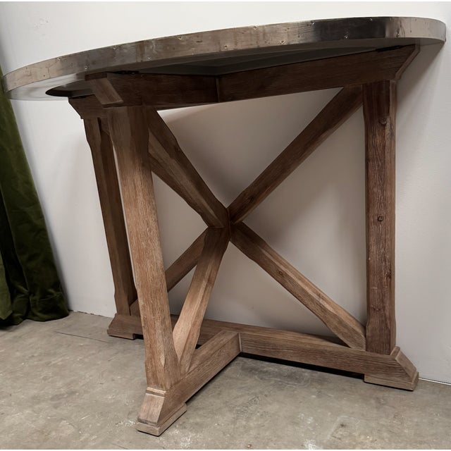 Industrial Demi-Lune Console in Driftwood Finish With Metal Top For Sale - Image 3 of 11