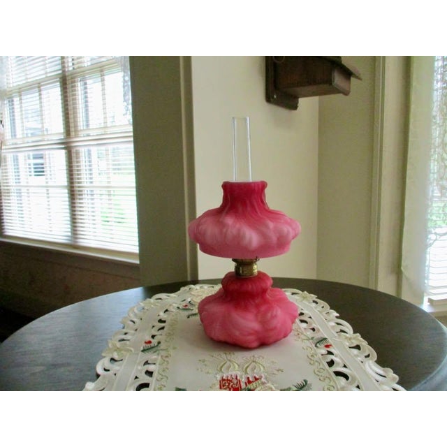Vintage Fenton Lg Wright Mini Pink Satin Puffy Plume/Rose Oil Lamp Ex Condiction For Sale - Image 4 of 9