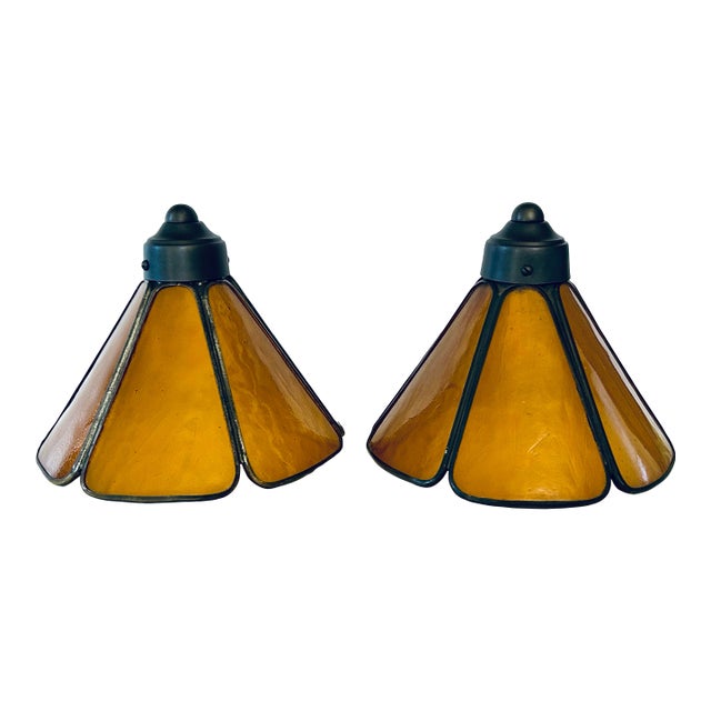 Pair of Antique Amber Glass Leaded Candlestick Lamp Shades For Sale
