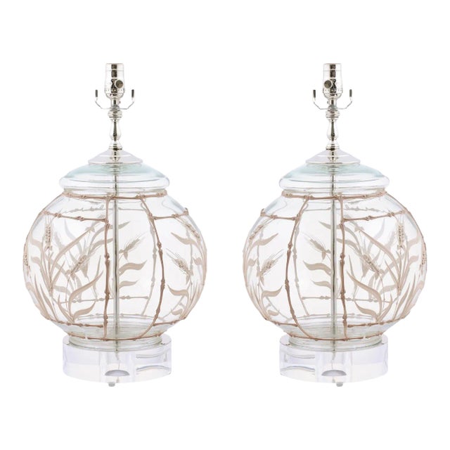 Pair of Mid-Century Hand Overlaid Glass Lamps For Sale