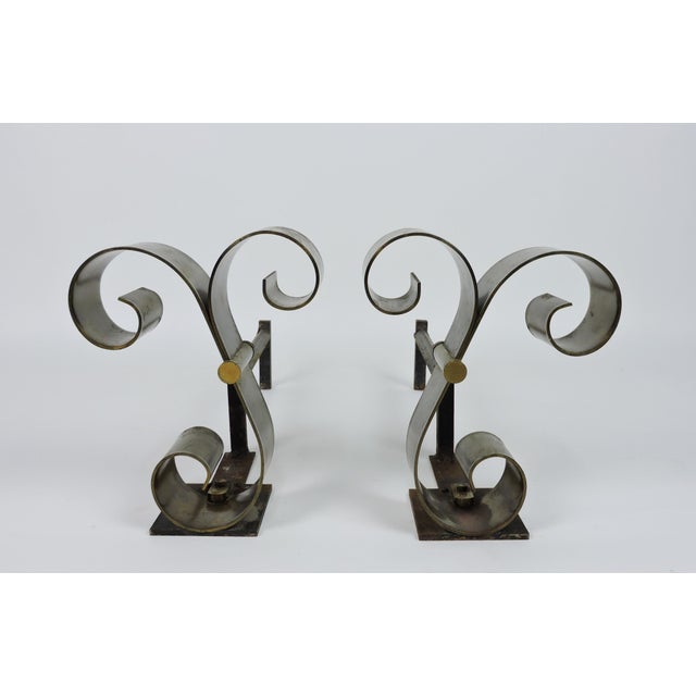 Pair of Mid Century Modern Brass Scroll Andirons in the Style of Raymond Subes For Sale - Image 11 of 11