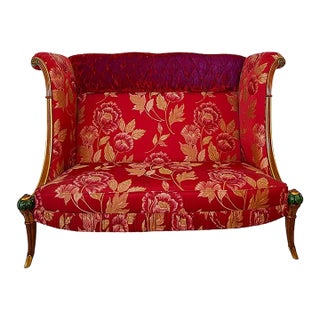 Antique Wood Red Material Italian Carved Wood Love Seat For Sale