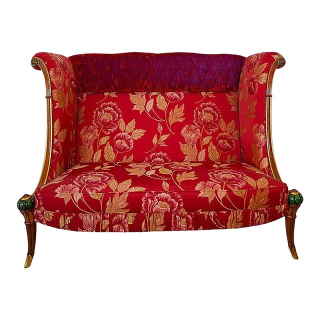 Antique Wood Red Material Italian Carved Wood Love Seat For Sale