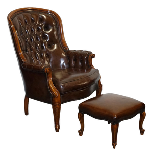 Set of Victorian Chesterfield Armchair and Ottoman in Dyed Leather