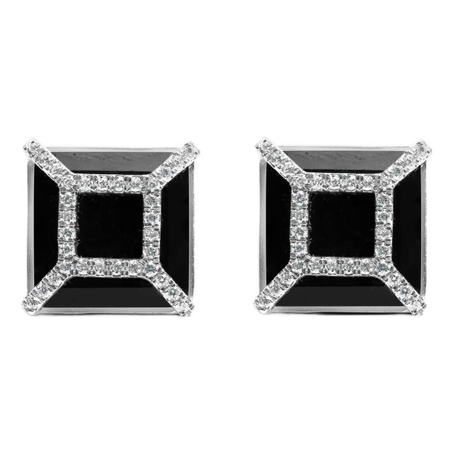 14K White Gold 3/8ct Diamond with 11x11MM Black Onyx Stud Earrings, A Pair For Sale