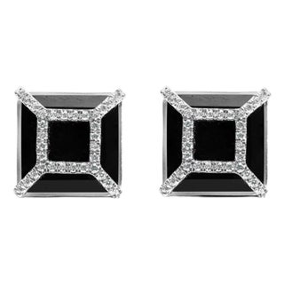 14K White Gold 3/8ct Diamond with 11x11MM Black Onyx Stud Earrings (G-H Color, SI1-SI2 Clarity) For Sale