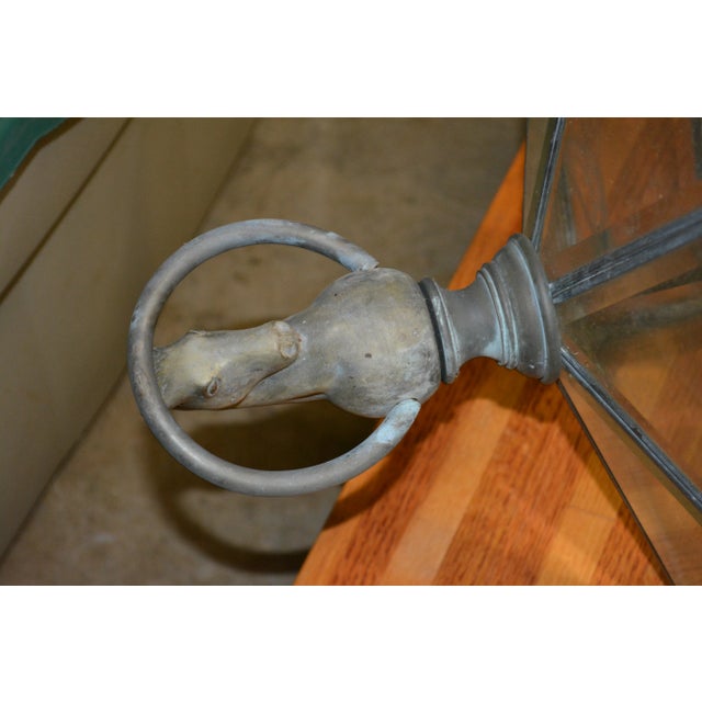 Pair 1980s Large Lamp Post Lanterns LightsGlass & Metal Hexagon With Brass Horse Heads / Rings For Sale - Image 12 of 12