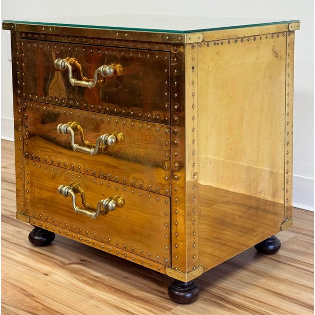 Sarreid Ltd. Vintage Sarreid Riveted Brass Clad Three Drawer Chest For Sale - Image 4 of 11