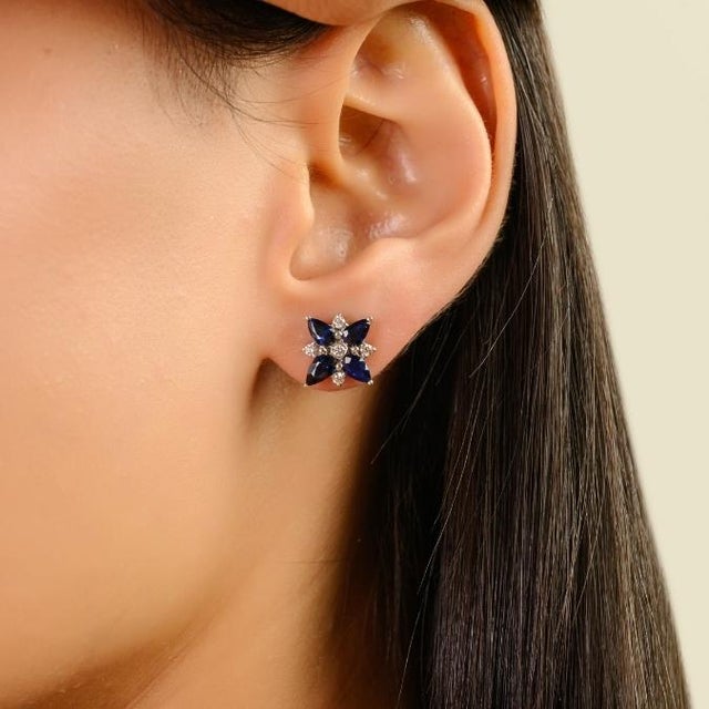 Ink Blue VRJewels 1.9Ct Blue Sapphire & Diamond Floral Stud Earrings in 14k White Gold- A Pair For Sale - Image 8 of 12