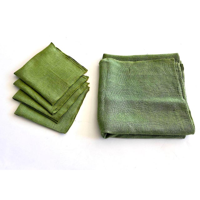 Textile Vintage Woven Linen Tablecloth and Napkins - Set of 5 For Sale - Image 7 of 10